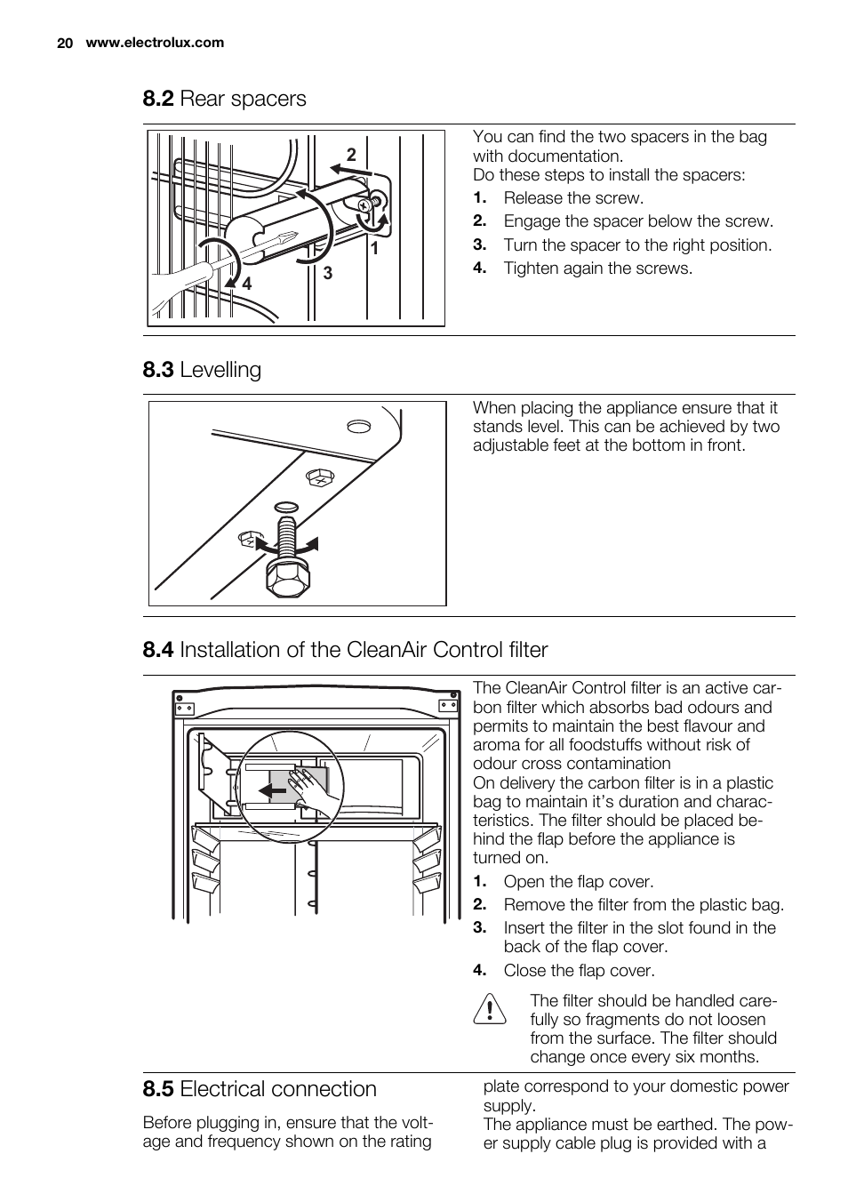 2 rear spacers, 3 levelling, 4 installation of the cleanair control filter | 5 electrical connection | Electrolux EN3881AOX User Manual | Page 20 / 80