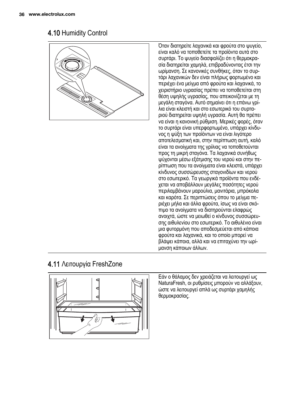 10 humidity control, 11 λειτουργία freshzone | Electrolux EN3881AOX User Manual | Page 36 / 80