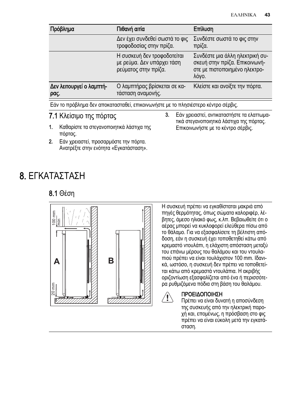Εγκατάσταση, 1 κλείσιμο της πόρτας, 1 θέση | Electrolux EN3881AOX User Manual | Page 43 / 80