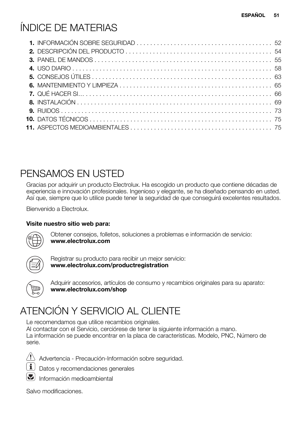 Índice de materias, Pensamos en usted, Atención y servicio al cliente | Electrolux EN3881AOX User Manual | Page 51 / 80