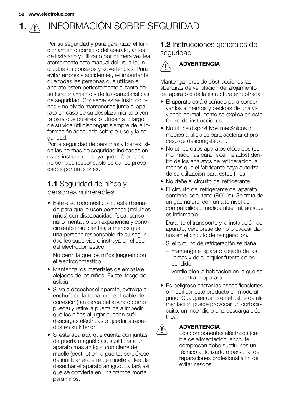 Información sobre seguridad, 1 seguridad de niños y personas vulnerables, 2 instrucciones generales de seguridad | Electrolux EN3881AOX User Manual | Page 52 / 80