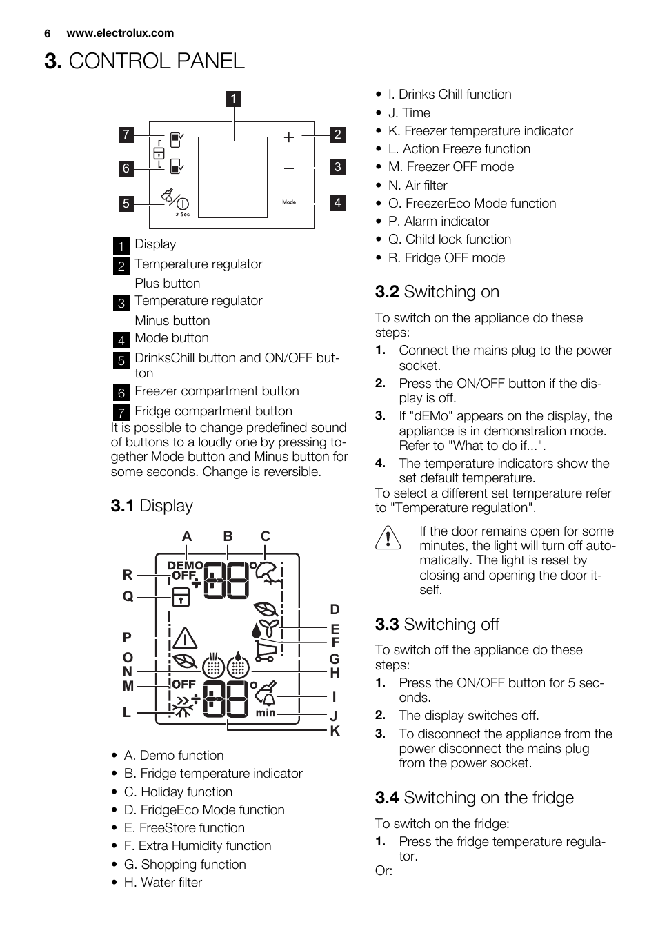 Control panel, 1 display, 2 switching on | 3 switching off, 4 switching on the fridge | Electrolux EN3881AOX User Manual | Page 6 / 80