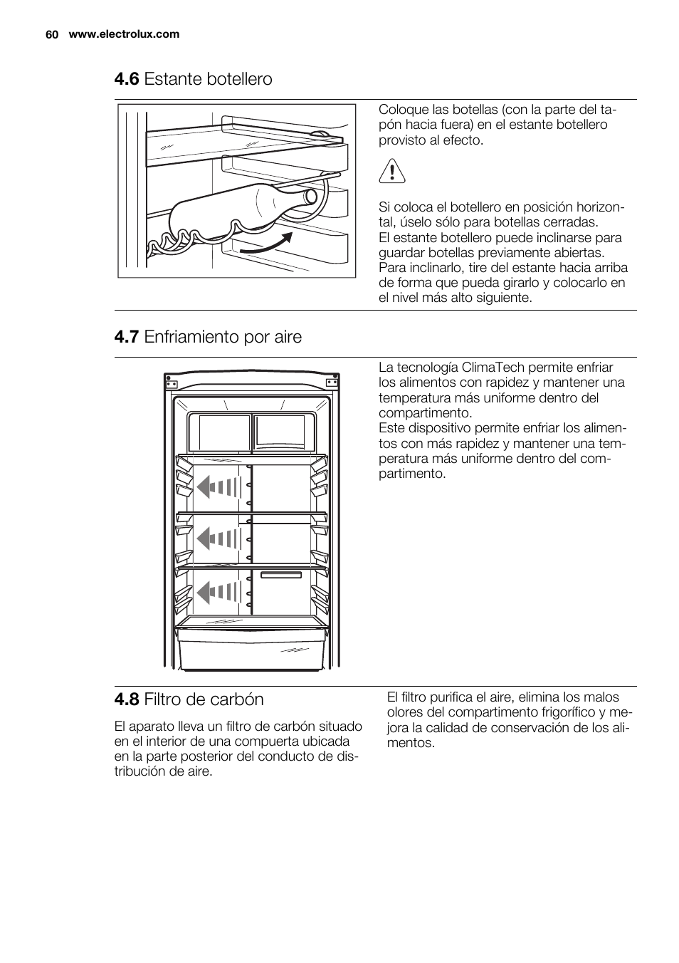 6 estante botellero, 7 enfriamiento por aire, 8 filtro de carbón | Electrolux EN3881AOX User Manual | Page 60 / 80