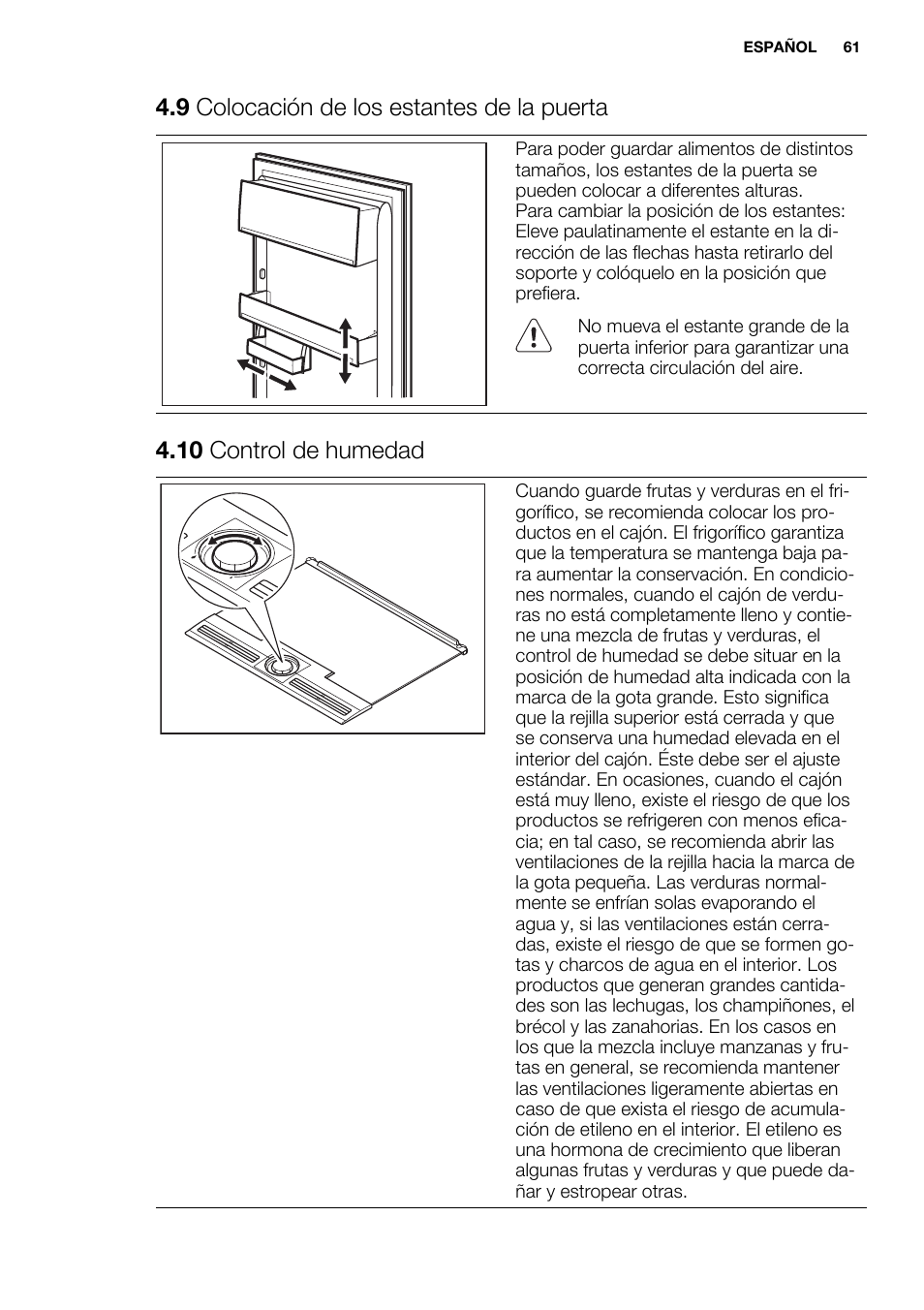 9 colocación de los estantes de la puerta, 10 control de humedad | Electrolux EN3881AOX User Manual | Page 61 / 80