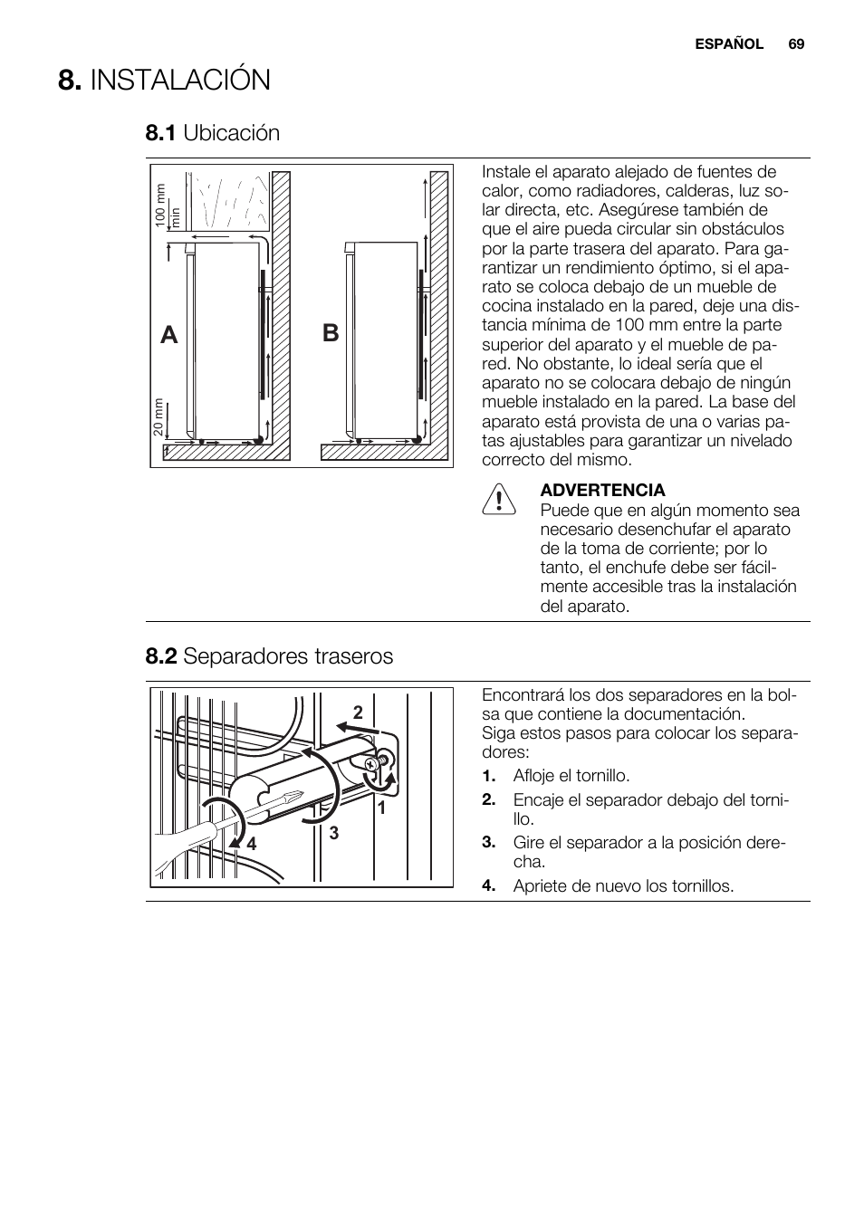 Instalación, 1 ubicación, 2 separadores traseros | Electrolux EN3881AOX User Manual | Page 69 / 80