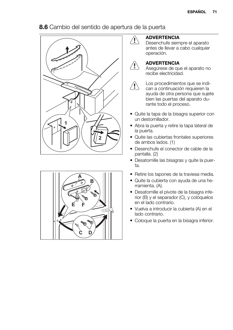 6 cambio del sentido de apertura de la puerta | Electrolux EN3881AOX User Manual | Page 71 / 80