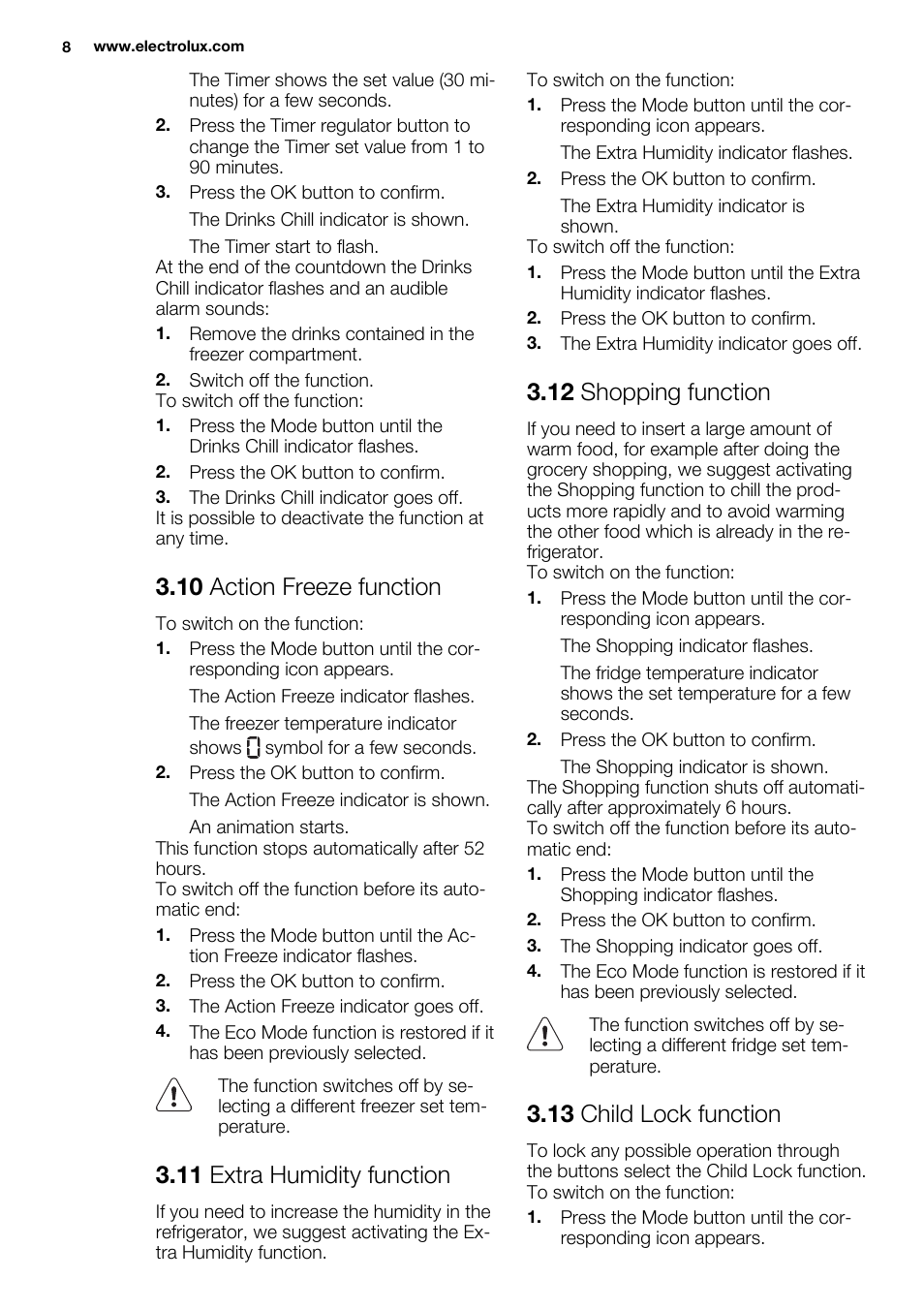 10 action freeze function, 11 extra humidity function, 12 shopping function | 13 child lock function | Electrolux EN3881AOX User Manual | Page 8 / 80