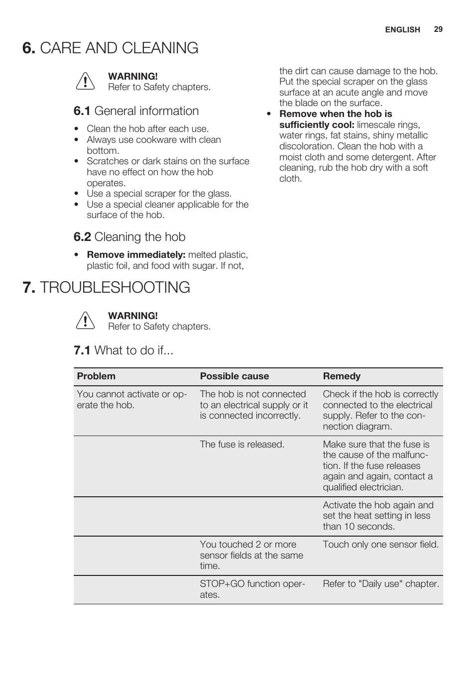 1 general information, 2 cleaning the hob, Troubleshooting | 1 what to do if, Care and cleaning 7. troubleshooting, Care and cleaning | Electrolux EHG6341FOK User Manual | Page 29 / 72