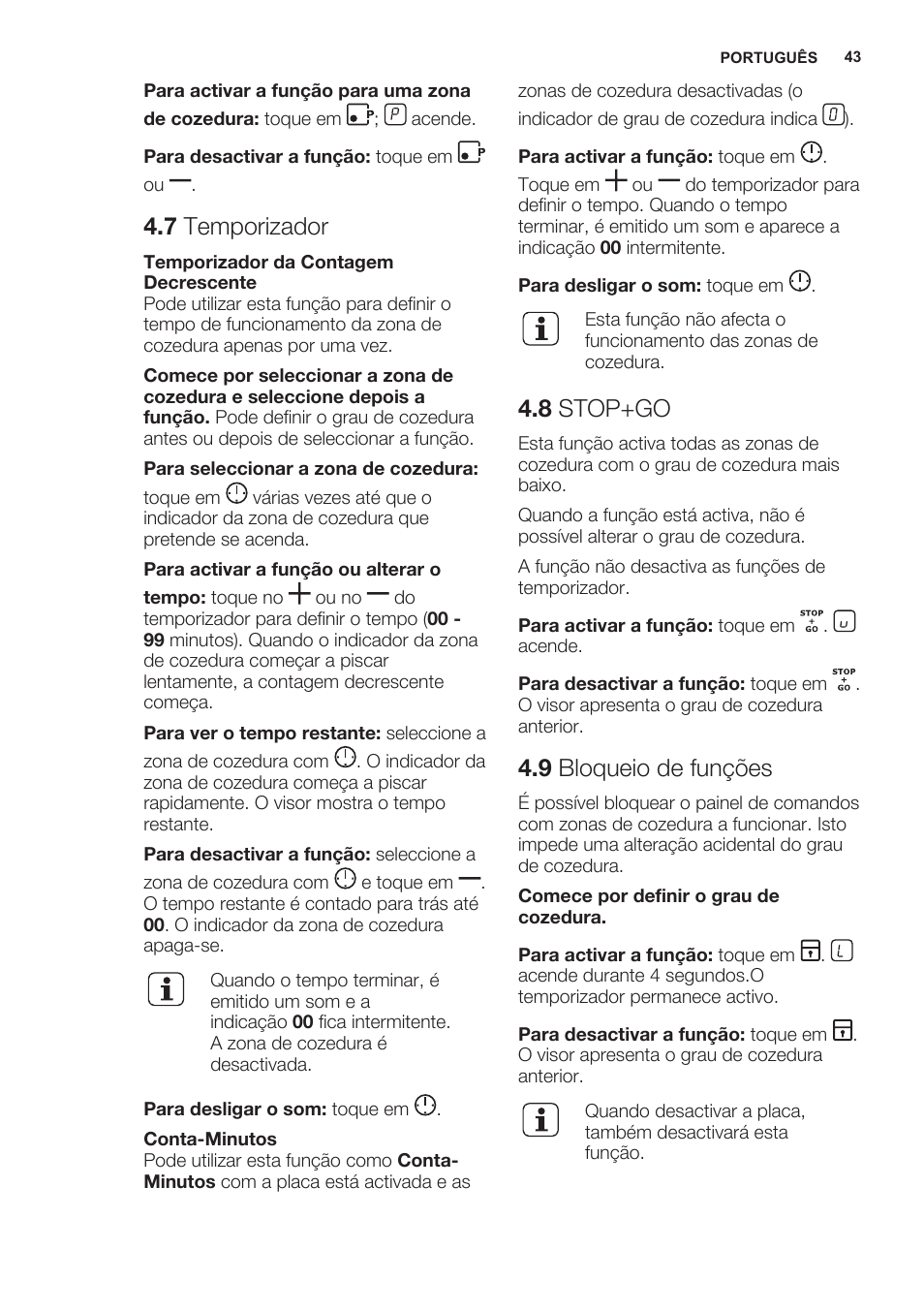 7 temporizador, 8 stop+go, 9 bloqueio de funções | Electrolux EHG6341FOK User Manual | Page 43 / 72