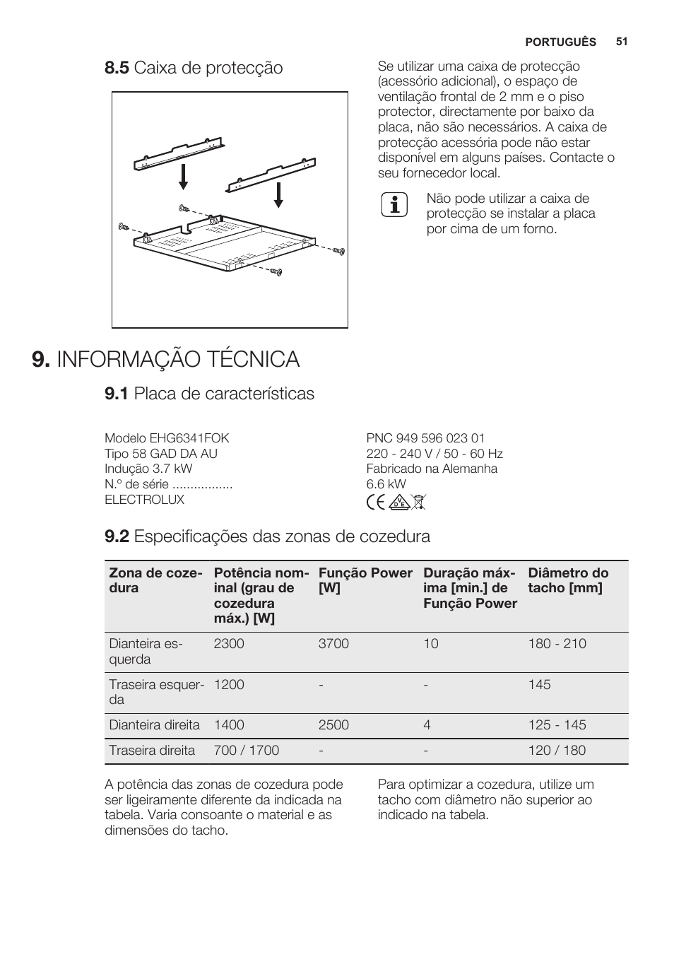 5 caixa de protecção, Informação técnica, 1 placa de características | 2 especificações das zonas de cozedura | Electrolux EHG6341FOK User Manual | Page 51 / 72