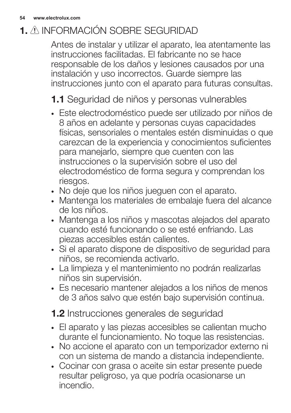 Información sobre seguridad, 1 seguridad de niños y personas vulnerables, 2 instrucciones generales de seguridad | Electrolux EHG6341FOK User Manual | Page 54 / 72