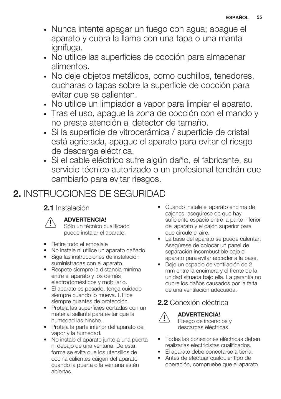 Instrucciones de seguridad, 1 instalación, 2 conexión eléctrica | Electrolux EHG6341FOK User Manual | Page 55 / 72