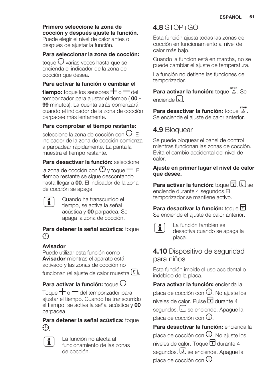 8 stop+go, 9 bloquear, 10 dispositivo de seguridad para niños | Electrolux EHG6341FOK User Manual | Page 61 / 72