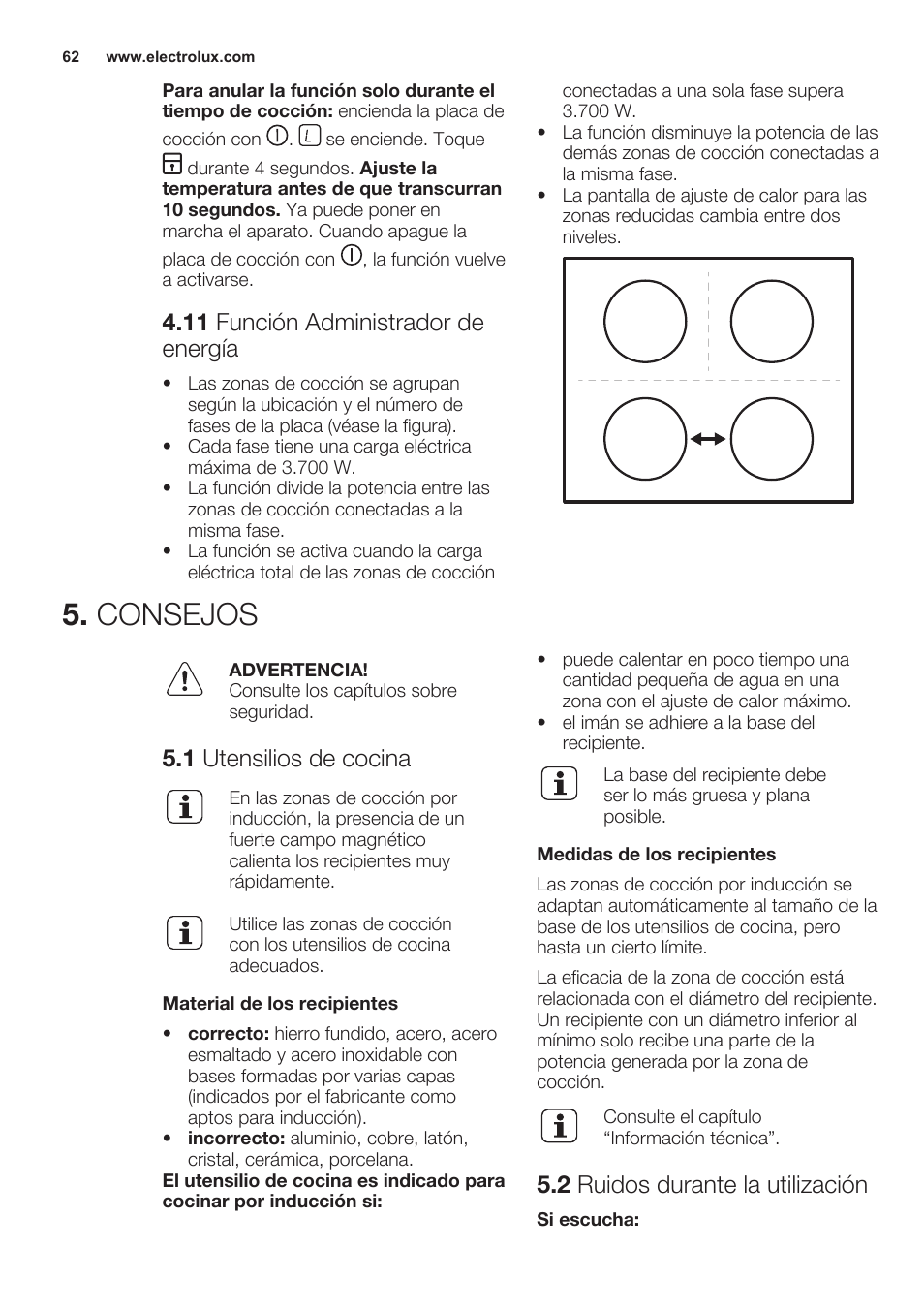 11 función administrador de energía, Consejos, 1 utensilios de cocina | 2 ruidos durante la utilización | Electrolux EHG6341FOK User Manual | Page 62 / 72