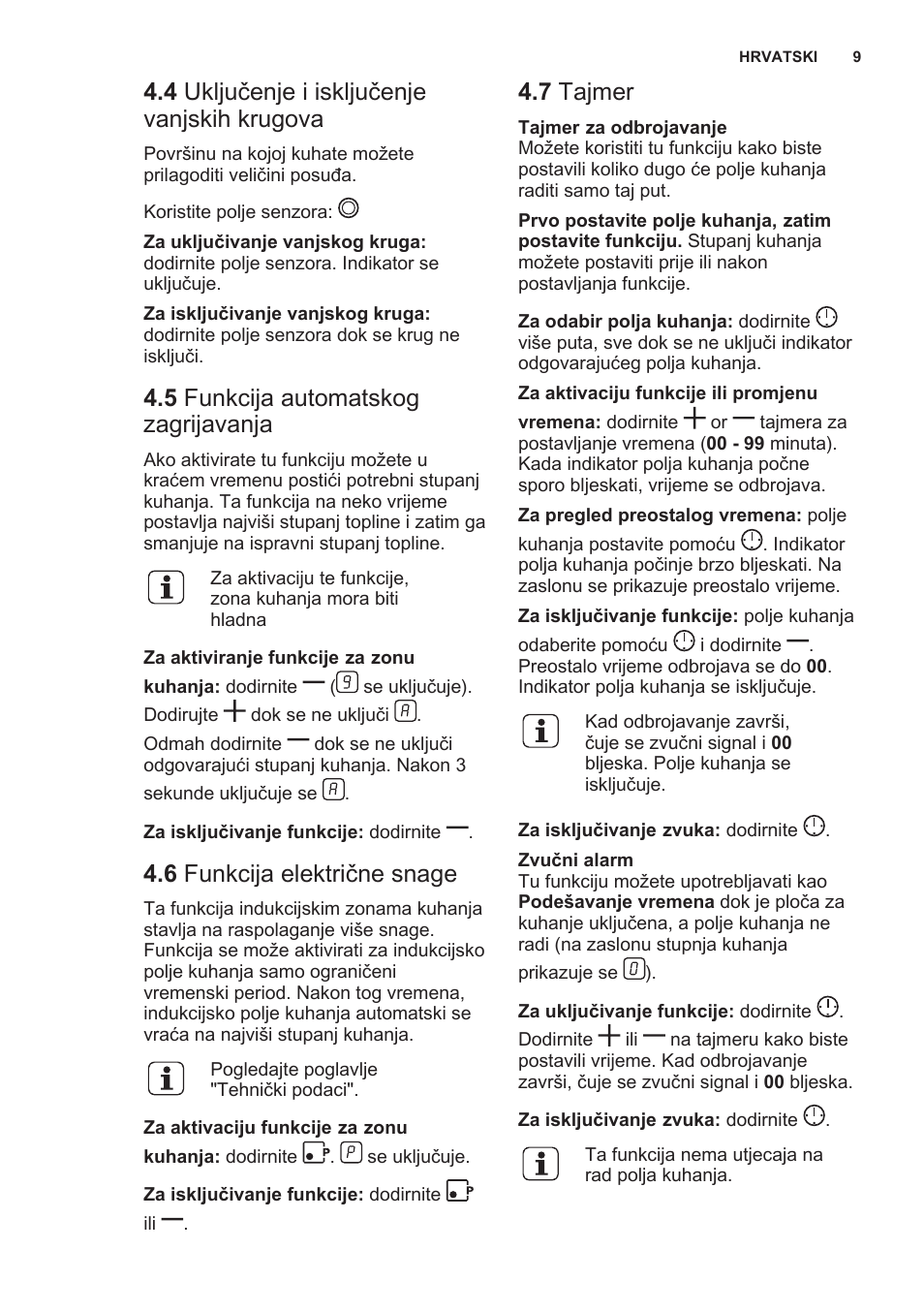 4 uključenje i isključenje vanjskih krugova, 5 funkcija automatskog zagrijavanja, 6 funkcija električne snage | 7 tajmer | Electrolux EHG6341FOK User Manual | Page 9 / 72