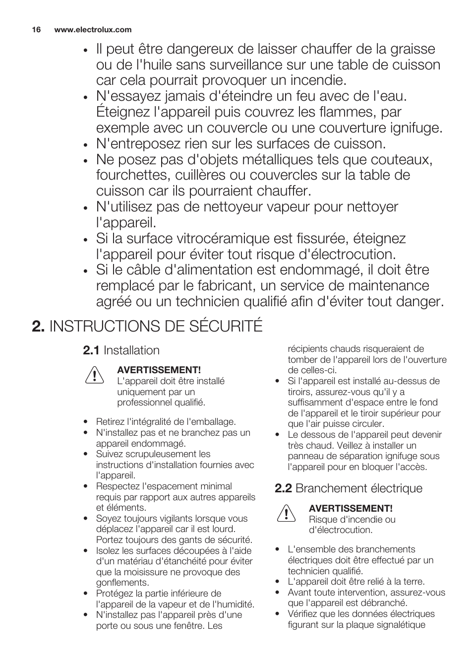 Instructions de sécurité, 1 installation, 2 branchement électrique | N'entreposez rien sur les surfaces de cuisson | Electrolux EHF6232FOK User Manual | Page 16 / 56
