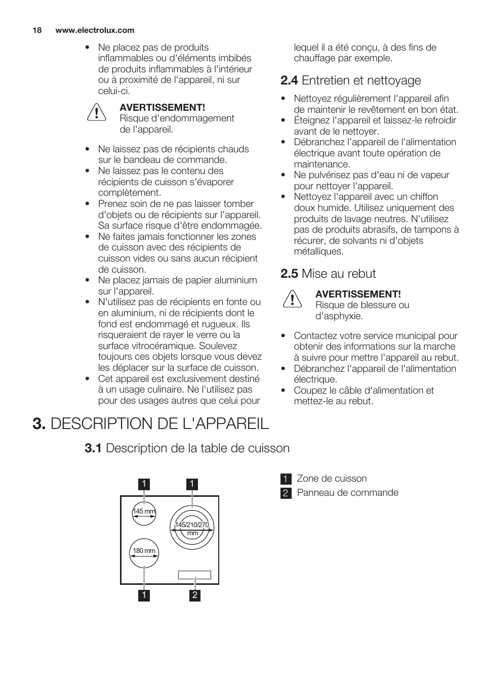 4 entretien et nettoyage, 5 mise au rebut, Description de l'appareil | 1 description de la table de cuisson | Electrolux EHF6232FOK User Manual | Page 18 / 56