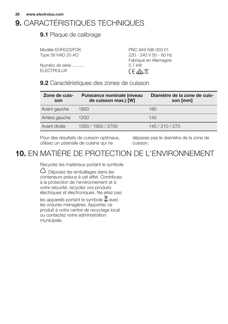 1 plaque de calibrage, 2 caractéristiques des zones de cuisson, Caractéristiques techniques | En matière de protection de l'environnement | Electrolux EHF6232FOK User Manual | Page 26 / 56