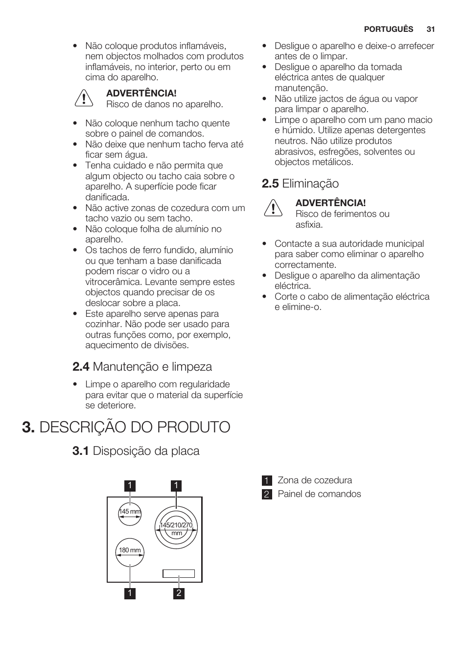 4 manutenção e limpeza, 5 eliminação, Descrição do produto | 1 disposição da placa | Electrolux EHF6232FOK User Manual | Page 31 / 56