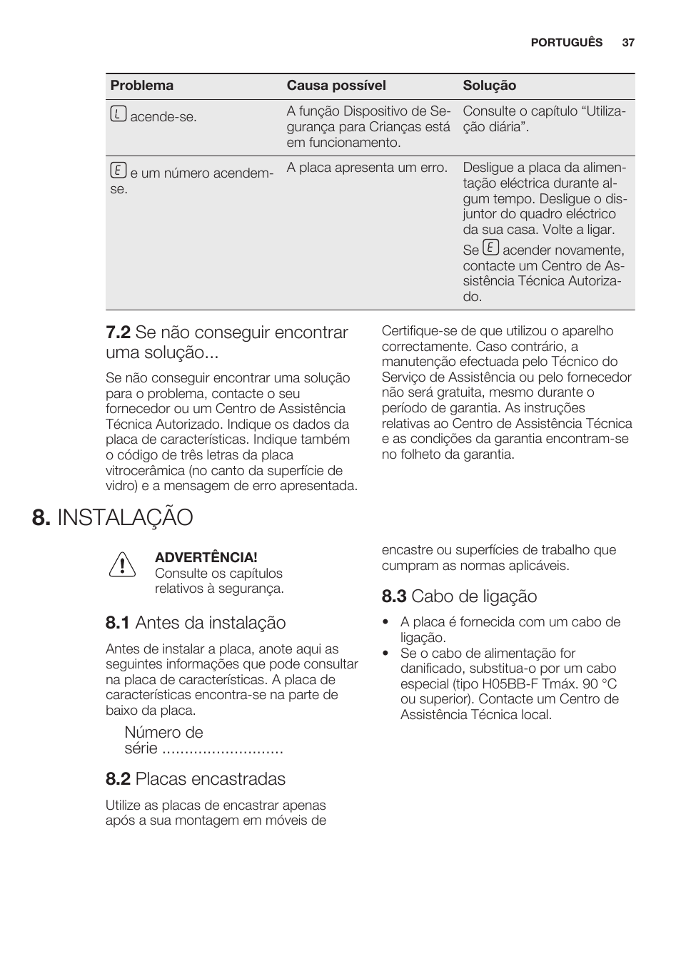 2 se não conseguir encontrar uma solução, Instalação, 1 antes da instalação | 2 placas encastradas, 3 cabo de ligação | Electrolux EHF6232FOK User Manual | Page 37 / 56
