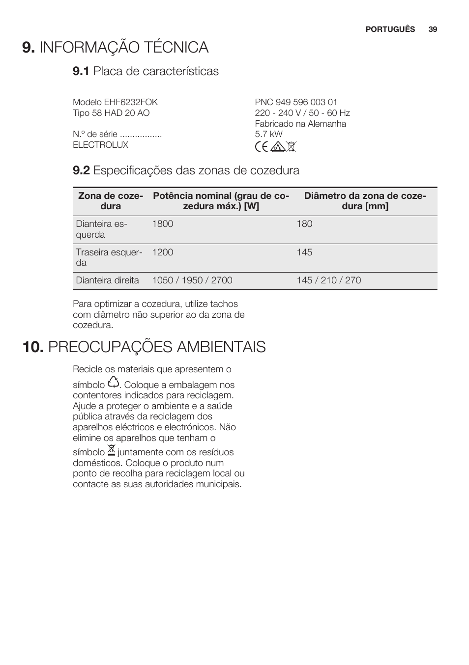 1 placa de características, 2 especificações das zonas de cozedura, Informação técnica | Preocupações ambientais | Electrolux EHF6232FOK User Manual | Page 39 / 56