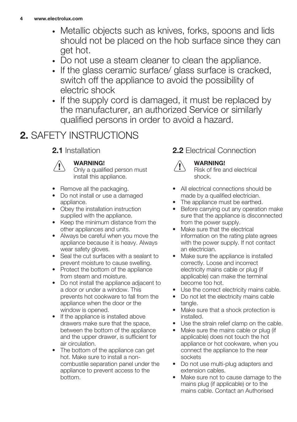 Safety instructions, 1 installation, 2 electrical connection | Do not use a steam cleaner to clean the appliance | Electrolux EHF6232FOK User Manual | Page 4 / 56