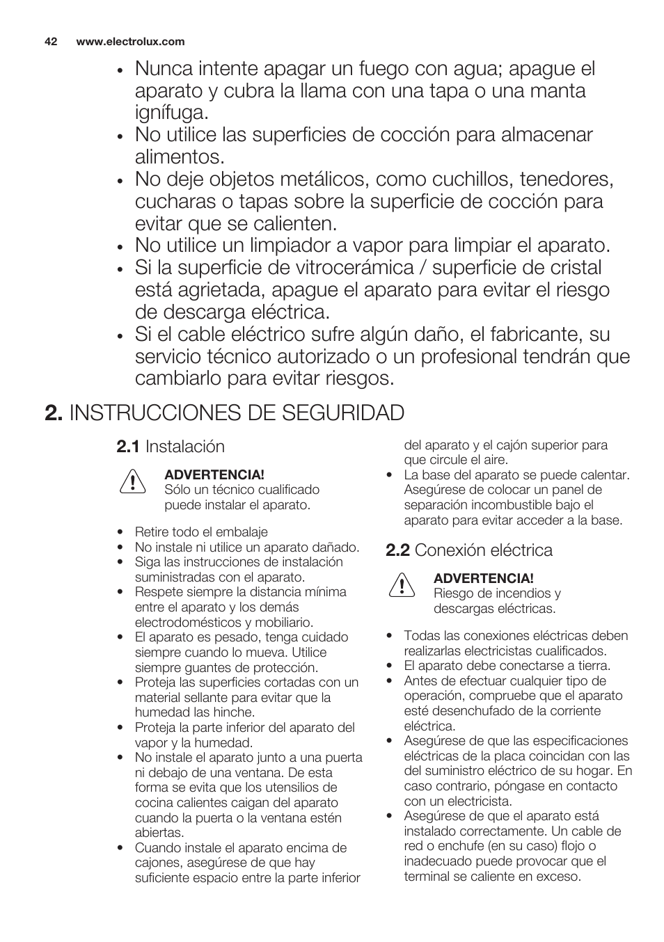 Instrucciones de seguridad, 1 instalación, 2 conexión eléctrica | Electrolux EHF6232FOK User Manual | Page 42 / 56