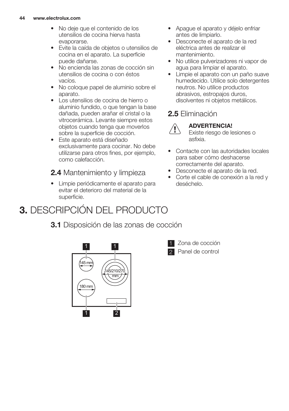 4 mantenimiento y limpieza, 5 eliminación, Descripción del producto | 1 disposición de las zonas de cocción | Electrolux EHF6232FOK User Manual | Page 44 / 56