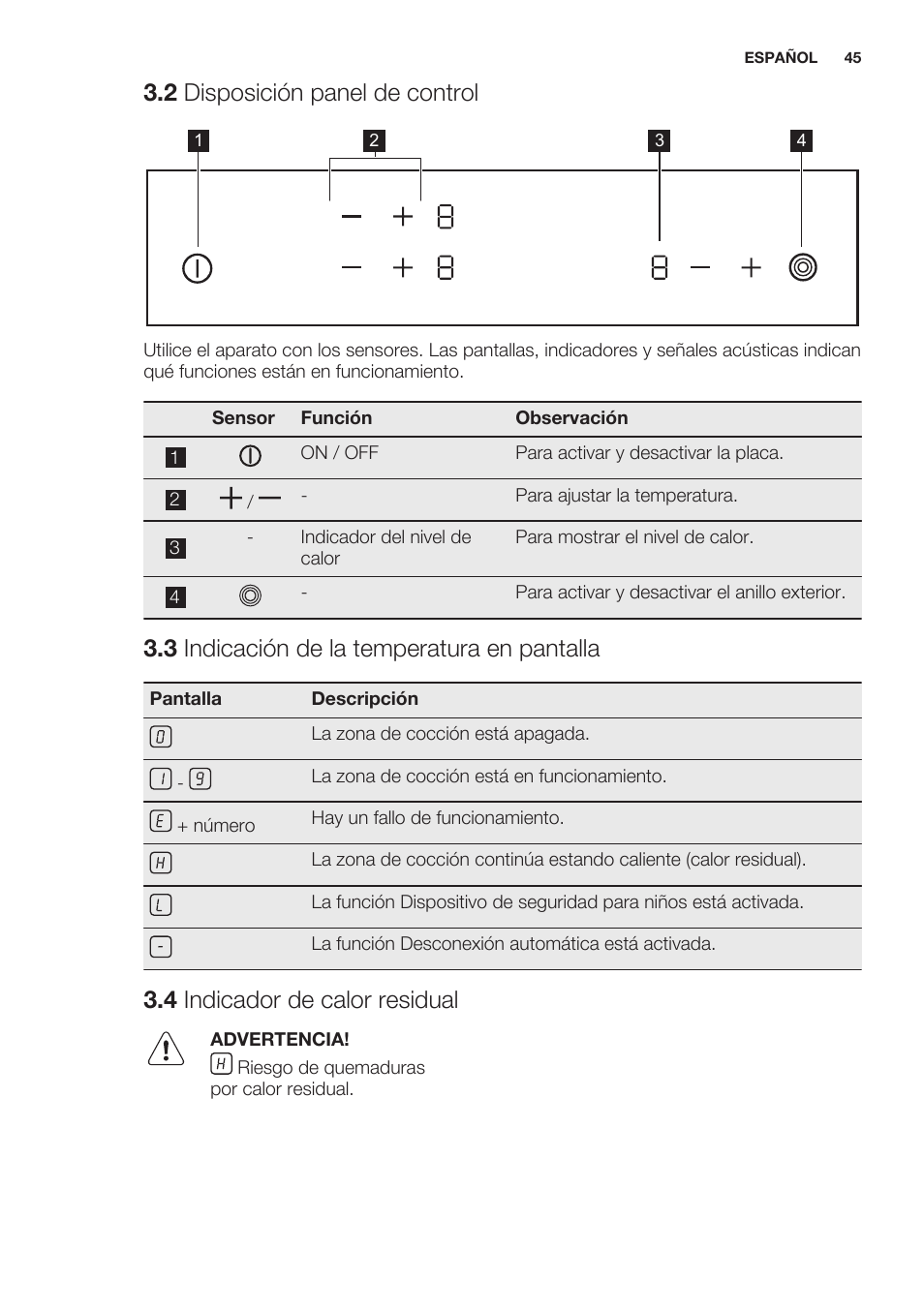 2 disposición panel de control, 3 indicación de la temperatura en pantalla, 4 indicador de calor residual | Uso diario | Electrolux EHF6232FOK User Manual | Page 45 / 56