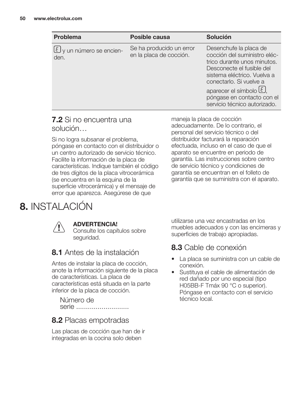 2 si no encuentra una solución, Instalación, 1 antes de la instalación | 2 placas empotradas, 3 cable de conexión | Electrolux EHF6232FOK User Manual | Page 50 / 56