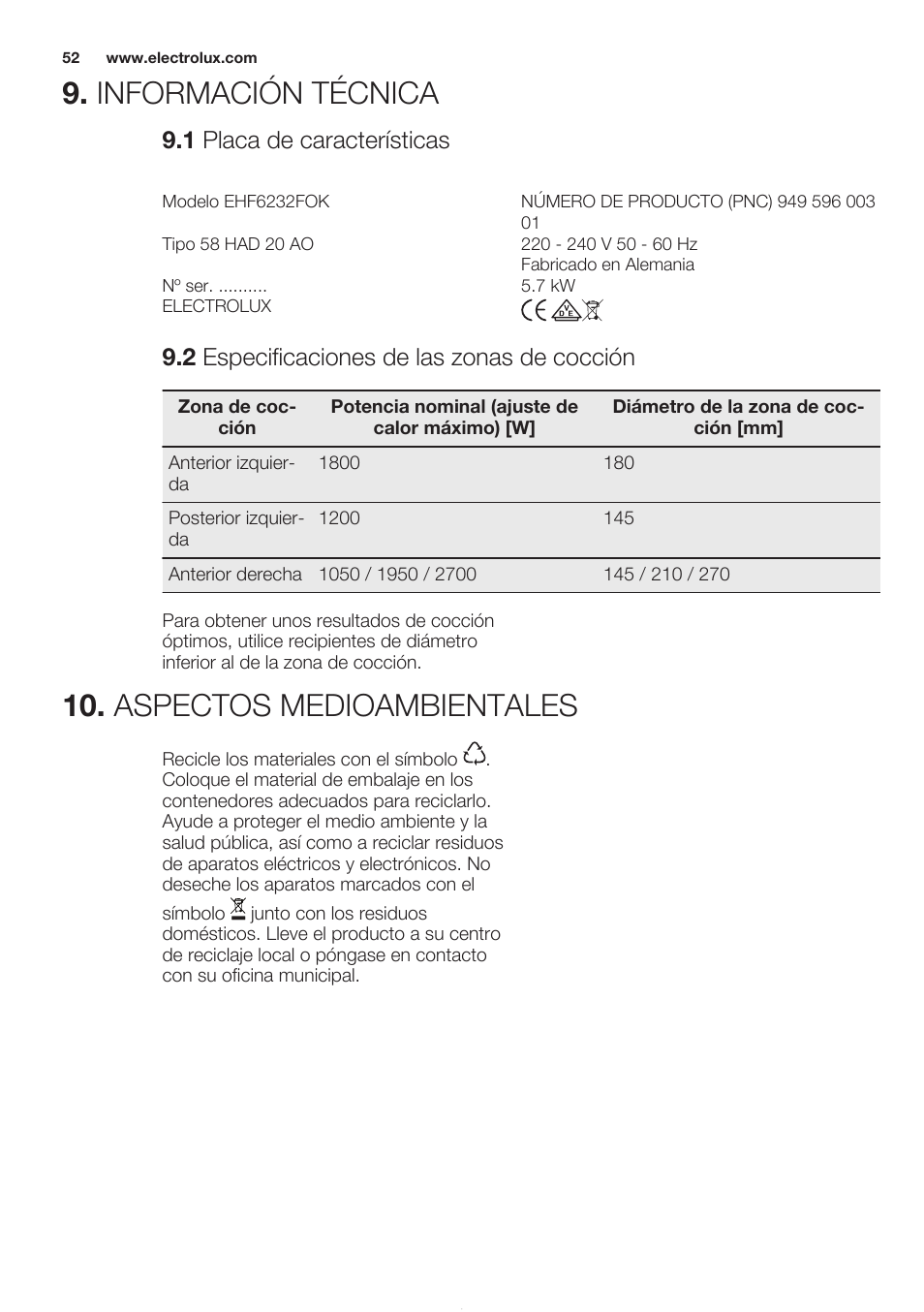 1 placa de características, 2 especificaciones de las zonas de cocción, Información técnica | Aspectos medioambientales | Electrolux EHF6232FOK User Manual | Page 52 / 56