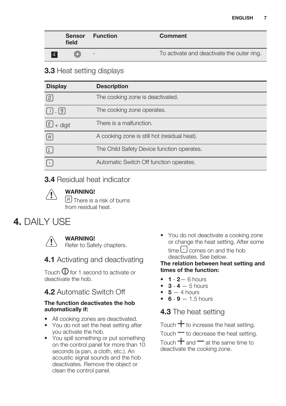3 heat setting displays, 4 residual heat indicator, Daily use | 1 activating and deactivating, 2 automatic switch off, 3 the heat setting | Electrolux EHF6232FOK User Manual | Page 7 / 56