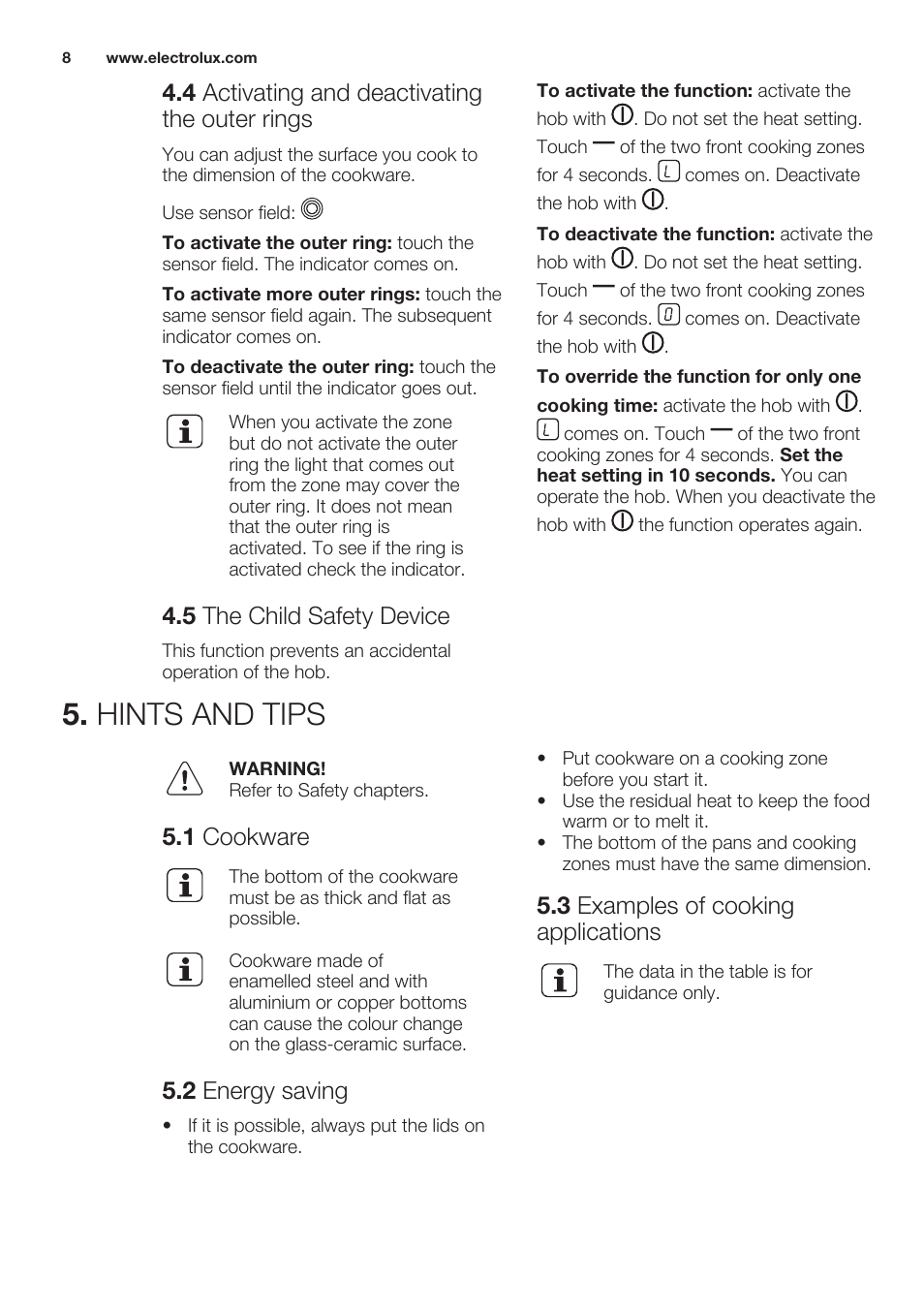 4 activating and deactivating the outer rings, 5 the child safety device, Hints and tips | 1 cookware, 2 energy saving, 3 examples of cooking applications | Electrolux EHF6232FOK User Manual | Page 8 / 56