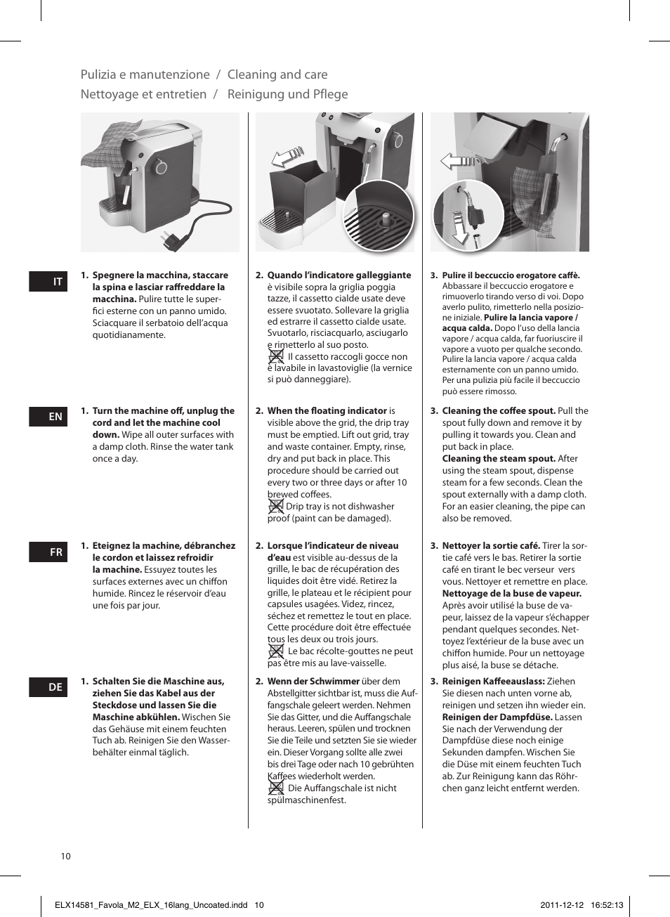 Pulizia e manutenzione, Cleaning and care, Nettoyage et entretien | Reinigung und pflege | Electrolux ELM5200CB User Manual | Page 10 / 52