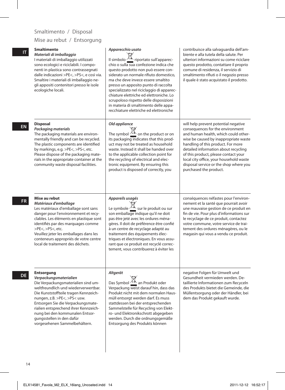 Smaltimento, Disposal mise au rebut / entsorgung | Electrolux ELM5200CB User Manual | Page 14 / 52