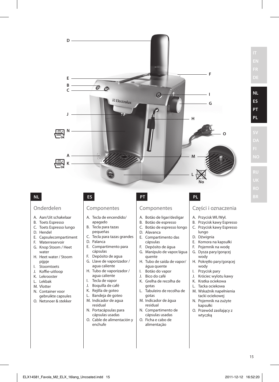 Części i oznaczenia, Onderdelen, Componentes | Electrolux ELM5200CB User Manual | Page 15 / 52