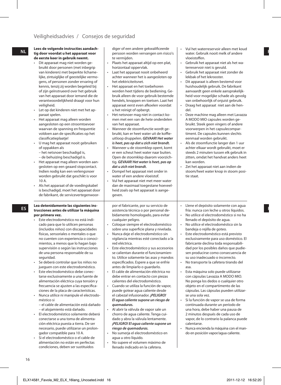 Veiligheidsadvies / consejos de seguridad | Electrolux ELM5200CB User Manual | Page 16 / 52