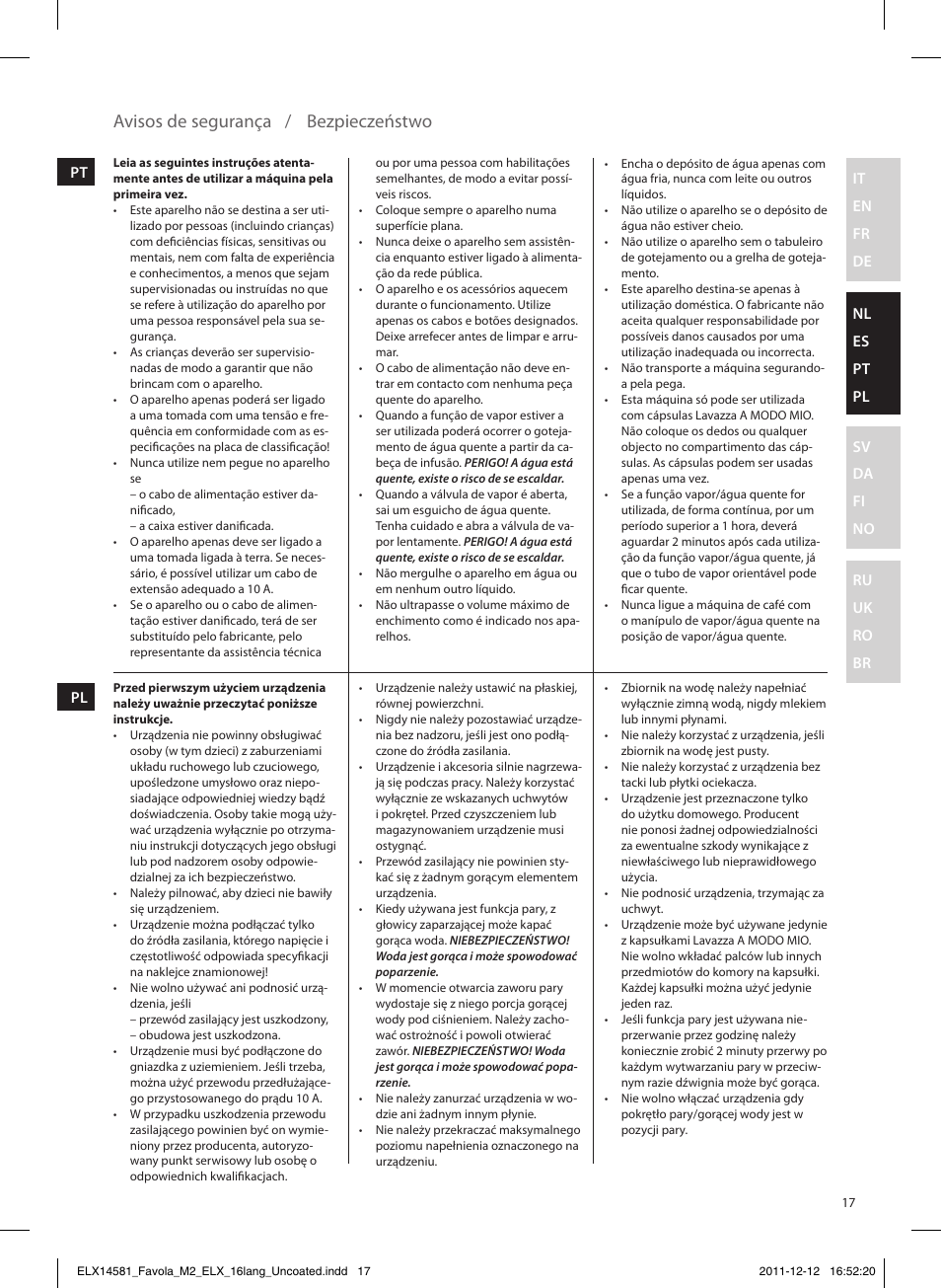 Avisos de segurança, Bezpieczeństwo | Electrolux ELM5200CB User Manual | Page 17 / 52