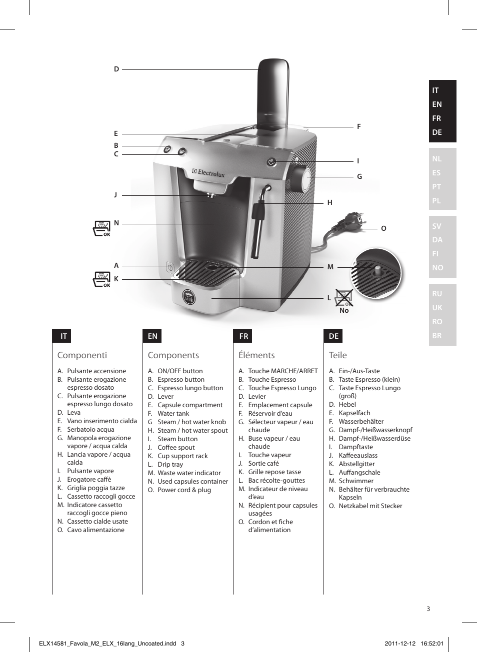 Components, Teile, Éléments | Componenti | Electrolux ELM5200CB User Manual | Page 3 / 52