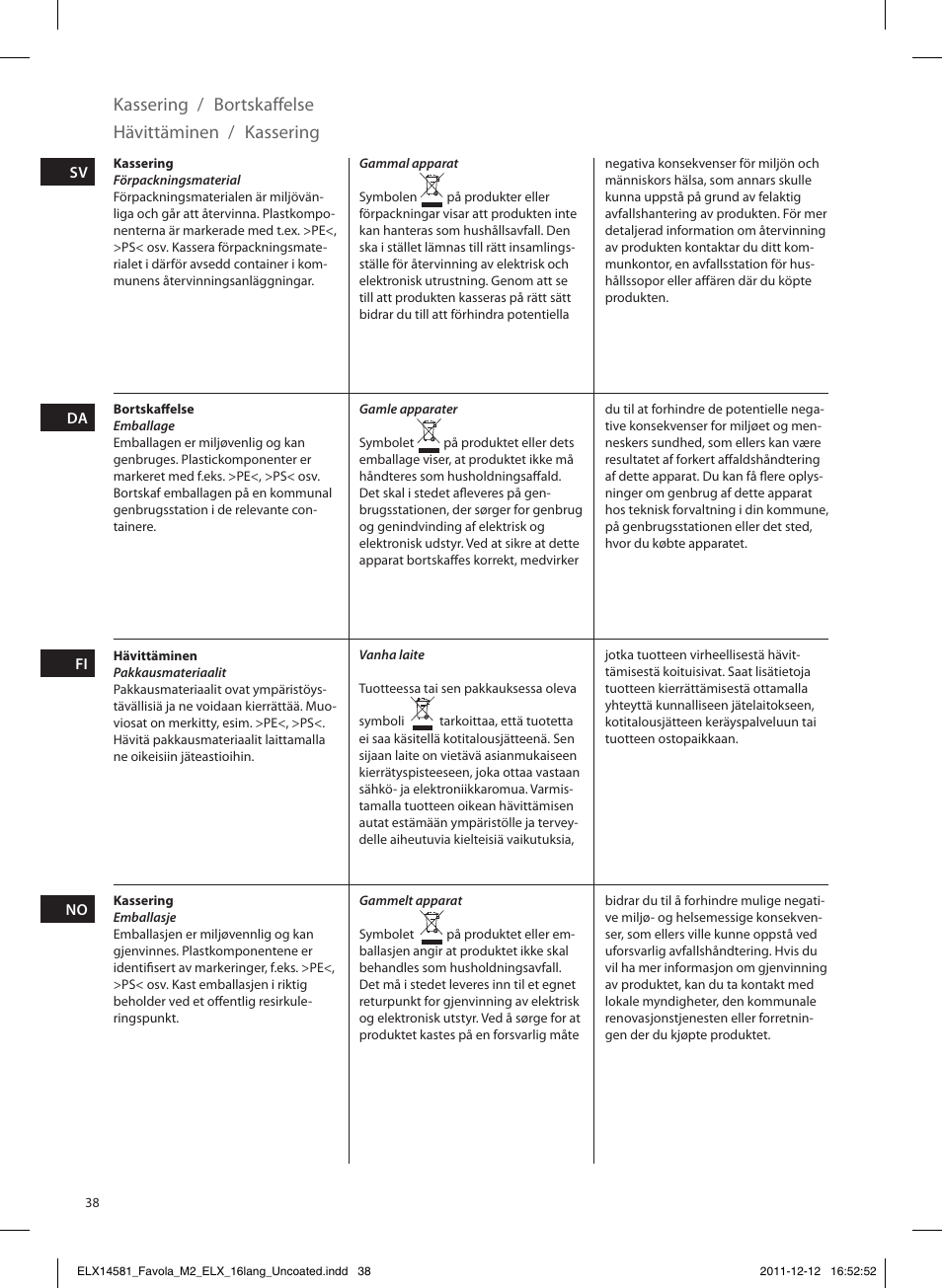 Kassering, Bortskaffelse hävittäminen / kassering | Electrolux ELM5200CB User Manual | Page 38 / 52