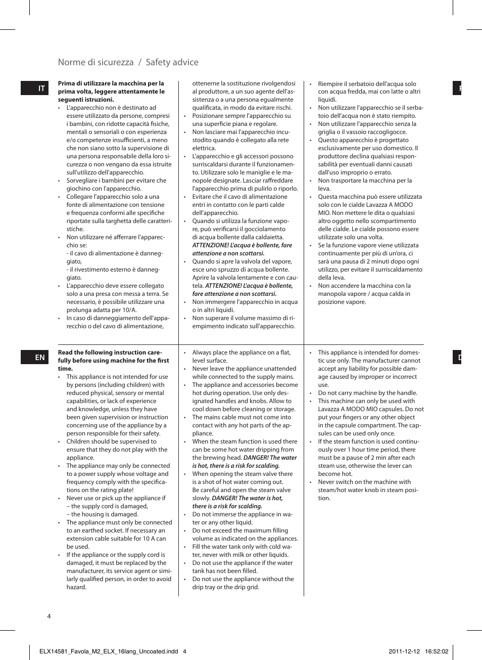 Norme di sicurezza / safety advice | Electrolux ELM5200CB User Manual | Page 4 / 52