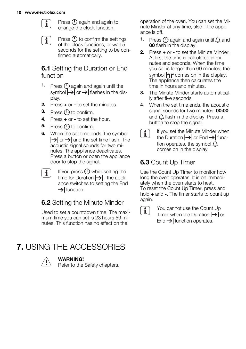 Using the accessories, 1 setting the duration or end function, 2 setting the minute minder | 3 count up timer | Electrolux EOZ3430DAX User Manual | Page 10 / 56