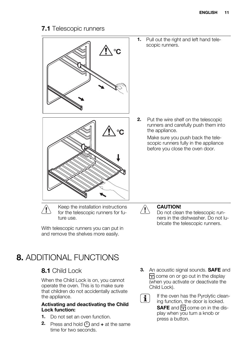 Additional functions, 1 telescopic runners, 1 child lock | Electrolux EOZ3430DAX User Manual | Page 11 / 56