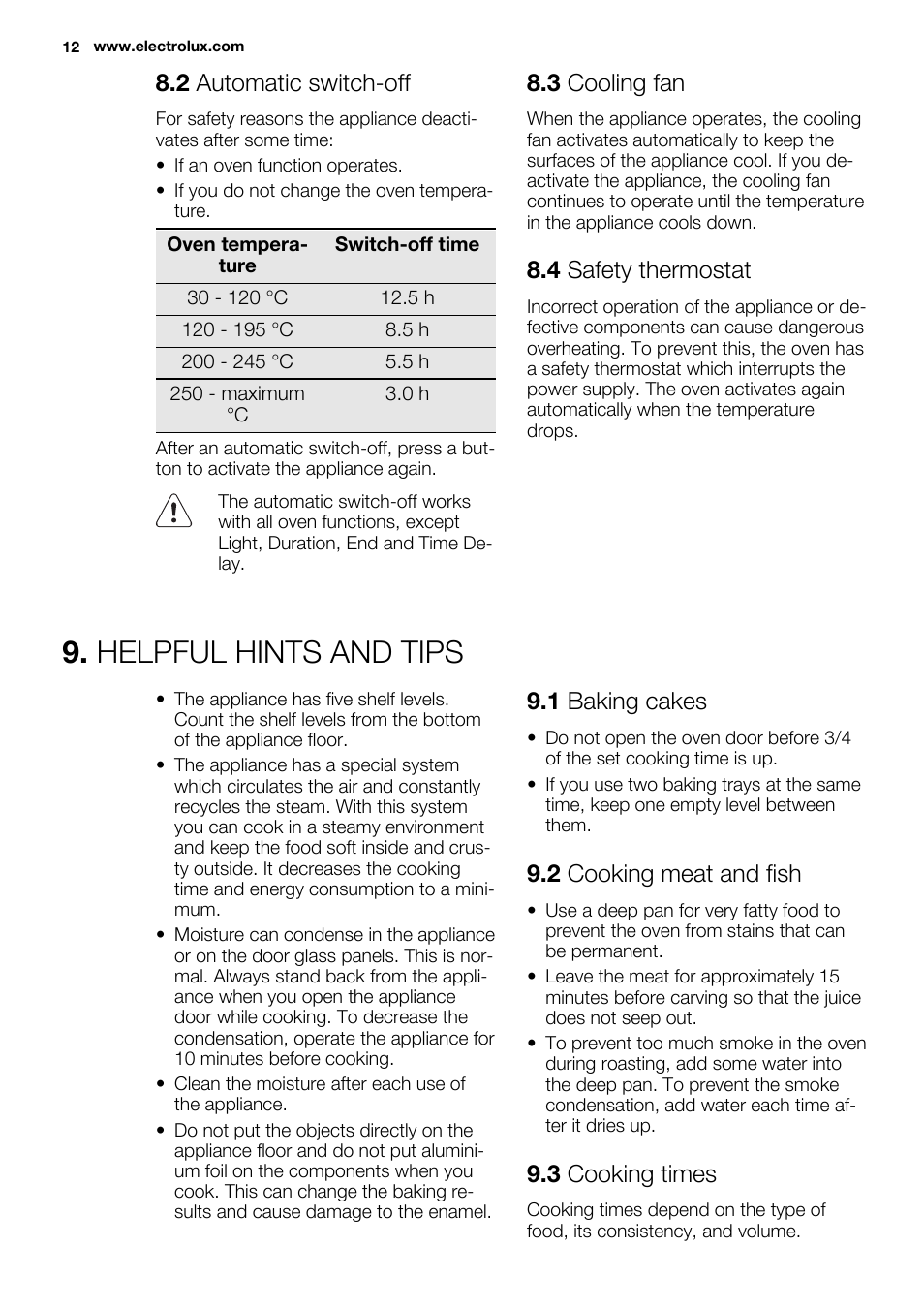 Helpful hints and tips, 2 automatic switch-off, 3 cooling fan | 4 safety thermostat, 1 baking cakes, 2 cooking meat and fish, 3 cooking times | Electrolux EOZ3430DAX User Manual | Page 12 / 56