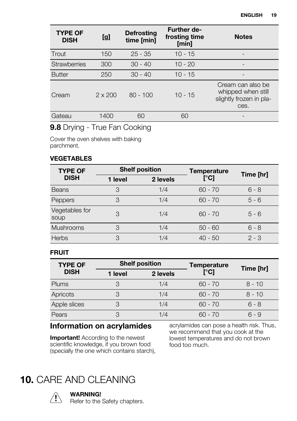 Care and cleaning, 8 drying - true fan cooking, Information on acrylamides | Electrolux EOZ3430DAX User Manual | Page 19 / 56