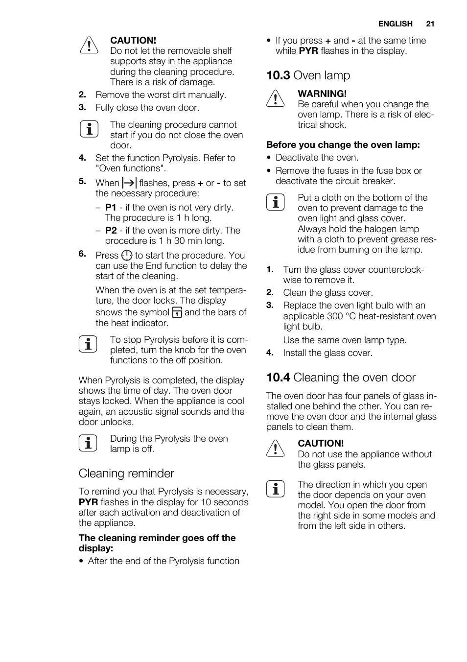 Cleaning reminder, 3 oven lamp, 4 cleaning the oven door | Electrolux EOZ3430DAX User Manual | Page 21 / 56