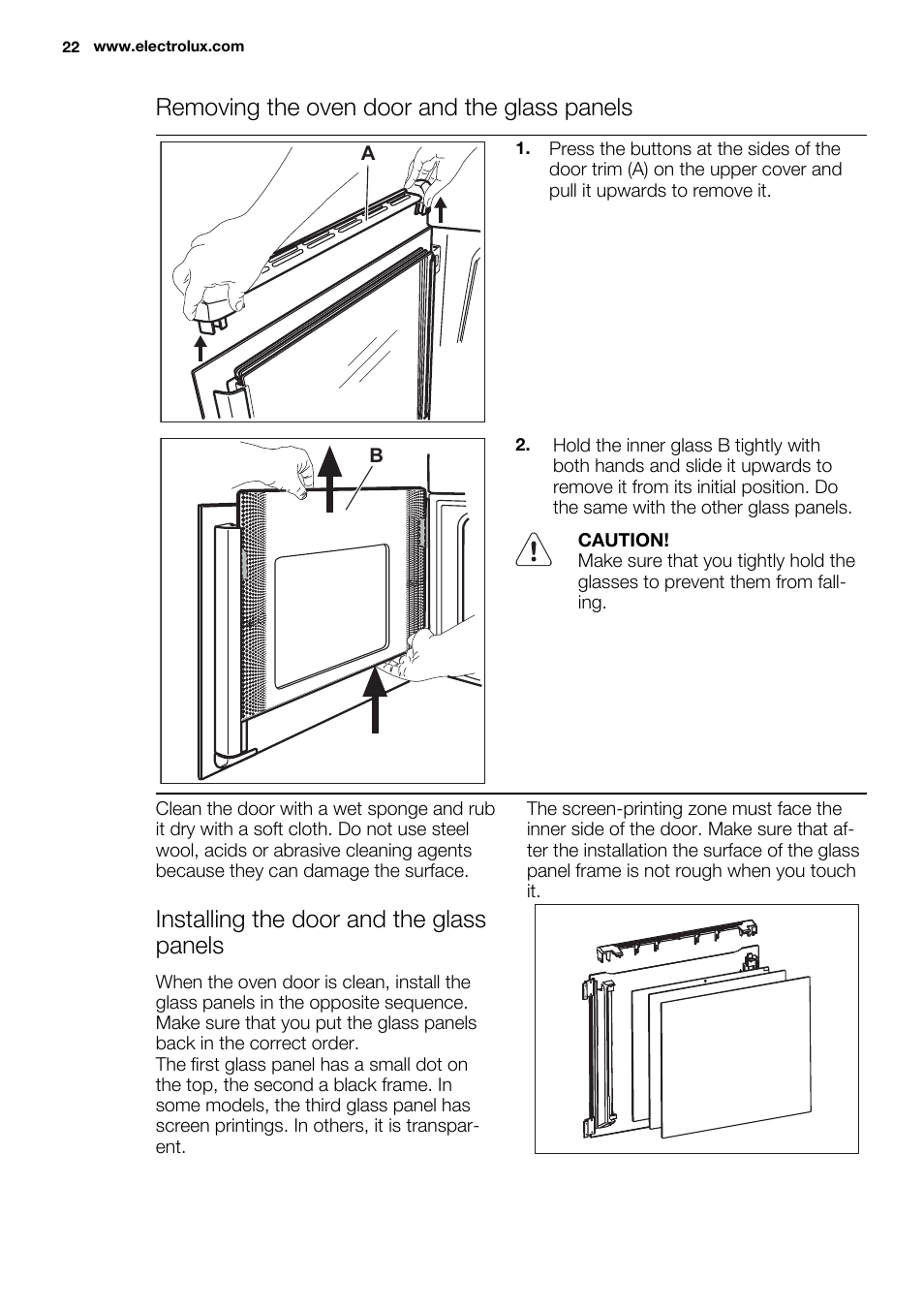 Removing the oven door and the glass panels, Installing the door and the glass panels | Electrolux EOZ3430DAX User Manual | Page 22 / 56