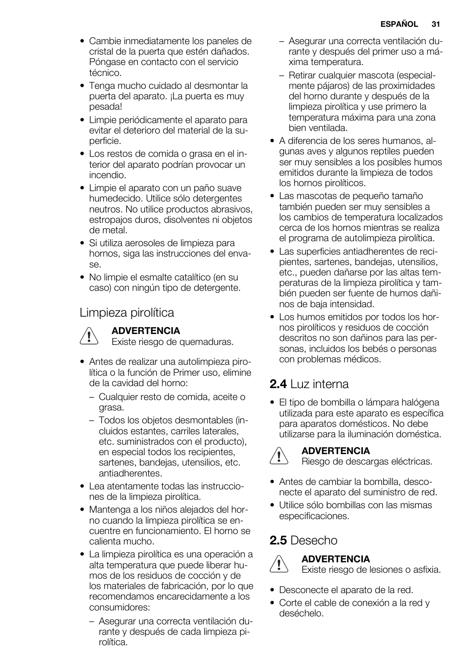 Limpieza pirolítica, 4 luz interna, 5 desecho | Electrolux EOZ3430DAX User Manual | Page 31 / 56
