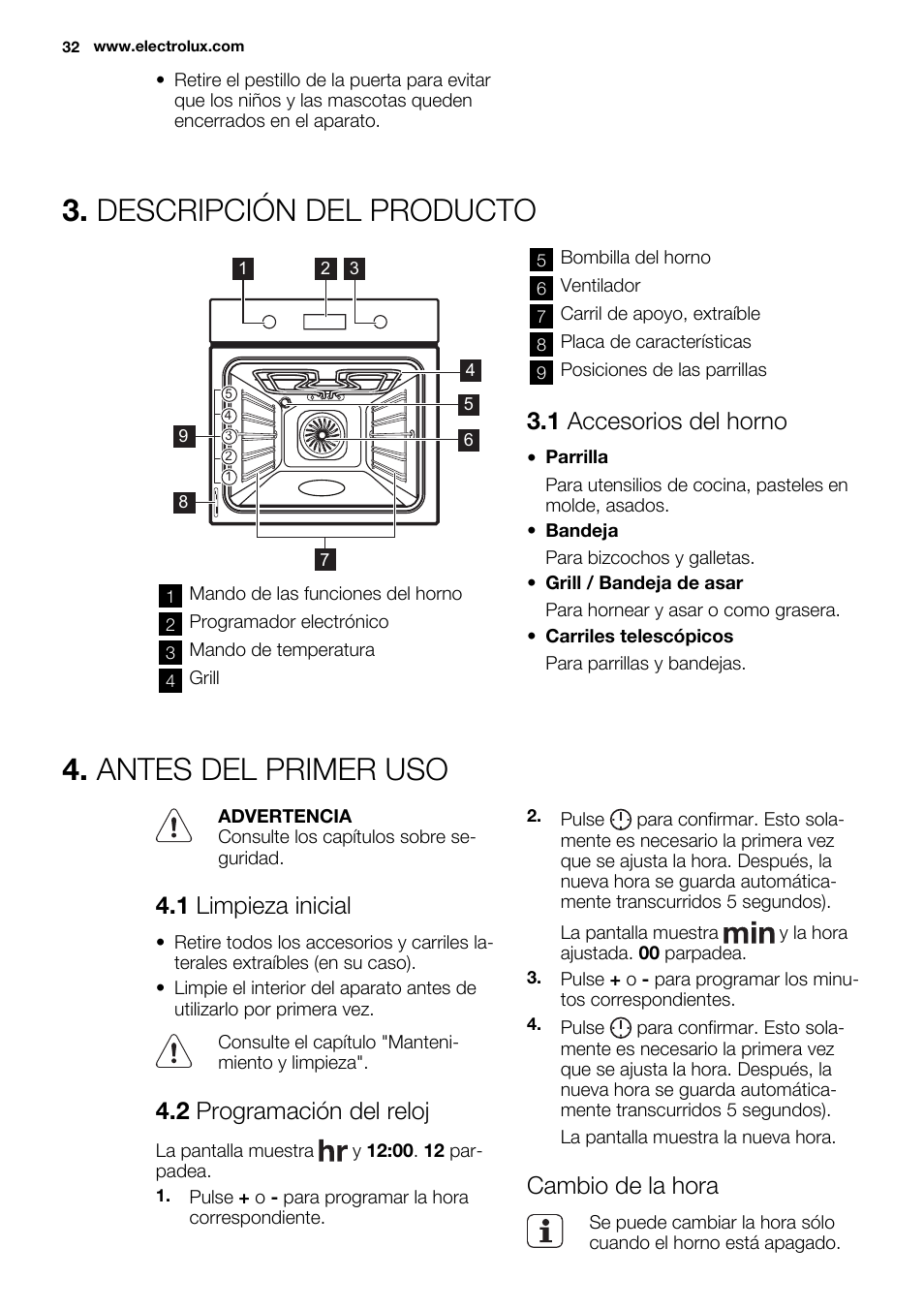 Descripción del producto, Antes del primer uso, 1 accesorios del horno | 1 limpieza inicial, 2 programación del reloj, Cambio de la hora | Electrolux EOZ3430DAX User Manual | Page 32 / 56