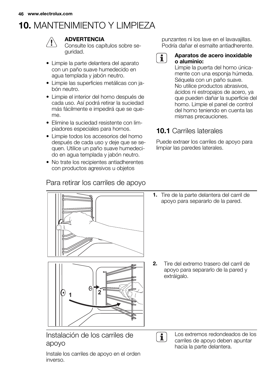 Mantenimiento y limpieza, 1 carriles laterales, Para retirar los carriles de apoyo | Instalación de los carriles de apoyo | Electrolux EOZ3430DAX User Manual | Page 46 / 56